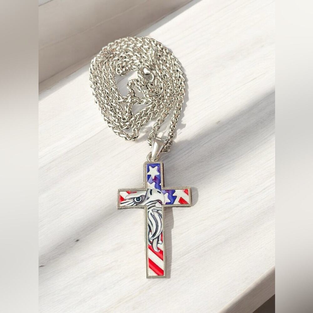 American Flag & Eagle Cross Pendant Necklace